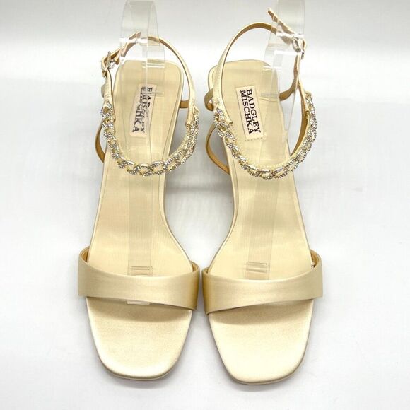 Badgley Mischka Size 9.5 Ivory Satin Jeweled Wedges Dress‎ Sandals Heels Shoes - Picture 3 of 14